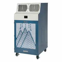This heavy-duty portable air conditioner provides 120,000 BtuH of cooling capacity for indoor spaces from 4,000 to 5,500 sq ft. It operates on 460V AC power and includes an air filter. Suitable for use in warehouses, factories, or large event halls.