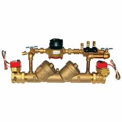 Bronze double check backflow preventer detector for low health hazard applications. Features FNPT connections and operates with water media from 33°F to 180°F. Suitable for commercial or industrial water lines where backflow prevention is required.