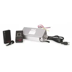 This radio transmitter and receiver set provides wireless open-close control for garage door operators. It includes two transmitters and features an SPST contact form. Designed for indoor surface-mount installation, it is suitable for residential or light-commercial garage door automation.