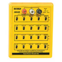 The EXTECH 380405 is a passive benchtop capacitance decade box covering 100 pF to 11.111 µF across five decades with 5% accuracy. It provides precise capacitance values for calibrating and testing electronic circuits, simulating capacitive loads without the need for multiple discrete capacitors. Suitable for laboratory, R&D, and maintenance applications