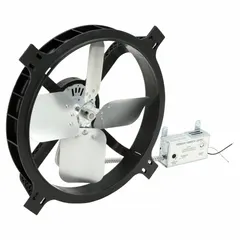 This gable-mount attic exhaust fan is powered by a standard-efficiency electric motor rated at 120V AC and 3 A. It delivers up to 1380 cfm, suitable for attics up to 1900 sq ft. The unit includes a built-in thermostat and humidistat for automatic temperature and humidity control. The plastic dome construction is designed for gable-mount installation.