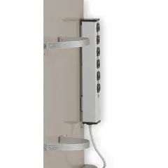 White powder-coated outlet strip with a 15 ft cord and three-prong plug, measuring 5 1/2 in wide. Designed for integration into medical cart systems to provide a grounded power outlet for connected equipment.