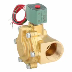 This REDHAT solenoid valve is a 2-way, 2-position normally closed type with slow-closing operation to reduce pressure surges. It has a 1-1/2 inch pipe size and operates on 110V AC voltage. The coil enclosure is without junction box. Typical applications include on/off control of water, air, and light oil in industrial fluid systems.