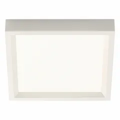 Square surface-mount LED downlight with a low-profile design. 4-inch nominal size, matte white housing, 2700K color temperature, 650 lumens output at 10 watts. Operates on 120/277V AC. Wet location rated. Suitable for vanity lighting in bathrooms, covered porches, or commercial washrooms.