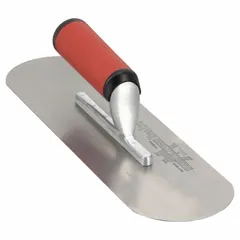 Carbon steel blade with round shape and 4-inch width. Straight blade design with DuraSoft handle. Used for finishing concrete surfaces in swimming pool construction and repair, enabling smooth curved finishes on pool walls and floors.