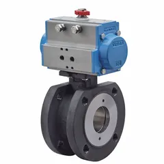 This pneumatically-actuated two-way ball valve features a carbon steel body with flange x flange connections. It is operated by a 24V DC pilot solenoid, providing automated on/off flow control for liquids and gases in industrial piping systems.