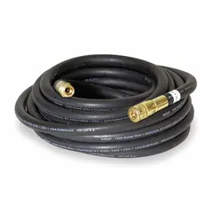 Rubber airline hose for supplied-air respirator systems. 50 ft length with 3/8 in inside diameter and 1/4 in Industrial Interchange fittings. Suitable for supplying breathable air in industrial environments such as painting, chemical handling, or confined-space work.