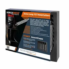 This 4-piece hole cutter set features carbide-tipped cutting edges for cutting precise holes in metal materials. Each cutter has a maximum cutting depth of 2-1/4 inches. Suitable for use in fabrication, maintenance, and construction tasks requiring clean holes in steel or other metals.
