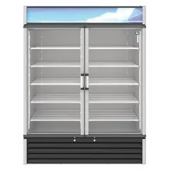 Two-door glass front merchandiser with swing doors and five adjustable shelves. Silver finish. Suitable for commercial display and storage of chilled beverages, dairy, and packaged foods in retail settings.