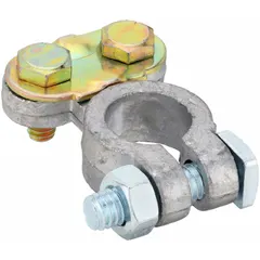 This battery terminal features universal alignment for top post connections, accepting 6 to 2/0 gauge cable. It is constructed with lead contact material and supports both negative and positive polarity. With an overall width of 2.6 inches, it is suited for heavy-duty electrical connections in vehicles and industrial equipment.