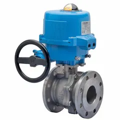 This BONOMI electrically-actuated ball valve features a stainless steel two-piece body and a 24V AC/DC actuator with manual override. It includes an ISO 5211 actuator mounting pad. Used for on/off flow control of liquids and gases in industrial piping systems requiring remote or automated operation.