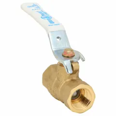 This brass ball valve features a straight body with full port design and FNPT x FNPT connections. It is equipped with a locking lever handle for secure operation. Suitable for on/off control in plumbing and industrial piping systems handling water, oil, or gas.