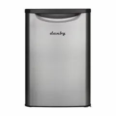 Compact refrigerator with 2.6 cu ft total capacity, automatic defrost, and four shelves. Solid swing door in silver finish. Energy Star Certified. Suitable for keeping beverages and snacks chilled in offices, dorm rooms, or small kitchens.