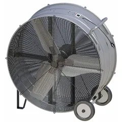 This Dayton mobile floor fan features a 36-inch blade diameter and a 1/2 hp direct-drive motor operating on 120V AC. Its steel construction resists corrosion, making it suitable for moving air in industrial environments such as manufacturing plants, warehouses, and workshops for spot cooling, ventilation, and fume exhaustion.