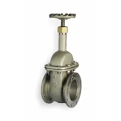 4-inch aluminum gate valve with rising stem, Class 125 flange, and wheel operator. Rated for 125 psi CWP. Bronze wedge and aluminum bonnet. Suitable for dry materials handling in bulk solids transfer, dust collection, and pneumatic conveying systems.