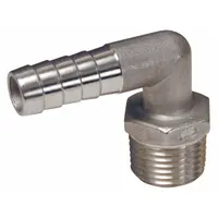 This 303 stainless steel rigid barbed hose fitting connects 1/2 in hose to NPT threaded ports. It features a male x male connection with a hex nipple grip for secure tightening. Suitable for air, water, and chemical transfer in industrial fluid handling systems
