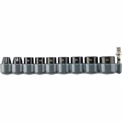 This 10-piece metric impact socket set features a 3/8 in drive size and includes sockets ranging from 8 mm to 21 mm. The sockets utilize a friction retention mechanism for secure bit holding. Suitable for fastening and loosening nuts and bolts with impact wrenches in light to medium-duty bolting tasks.