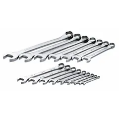 This 16-piece SAE 6-point combination wrench set is constructed from alloy steel with a chrome finish. Each wrench features a 15° head offset angle to improve access in confined spaces. The set includes a tool roll for organized storage. Typical applications include tightening and loosening fasteners in automotive, industrial, and mechanical settings.