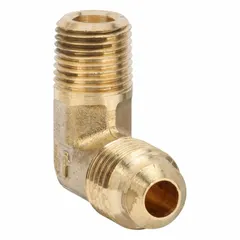 This brass 45-degree flare tube fitting elbow connects 1/4 in OD tubing to 1/8 in pipe threads. It features a flared/threaded design and is UL Listed. Suitable for use in pneumatic, hydraulic, and instrumentation systems requiring leak-free connections.
