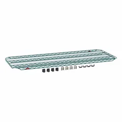 This steel wire shelf features a green Metroseal finish and is NSF Approved for wet environments. The split-sleeve design allows quick height adjustment without tools. Suitable for commercial kitchens, food processing, and healthcare facilities requiring antimicrobial shelving.