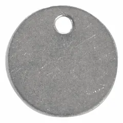 This stainless steel blank tag is silver, round, and 0.035 inches thick. Sold in packs of 100, it is designed for custom marking in industrial piping systems for valve identification and asset tracking.