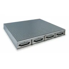 Aluminum bed-mount storage drawer system with 4 drawers, 48-inch width, 50-inch depth, and 6-inch height. Silver finish. Designed for organizing tools and equipment in work trucks or vans.