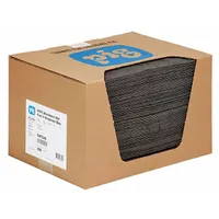 Perforated polypropylene sorbent pad measuring 20 in x 15 in (L x W) in gray. Each pad absorbs 28 3/16 oz. Sold in a 100-pack. Used for absorbing industrial leaks, drips, and spills of oils, coolants, solvents, and water-based fluids in maintenance and facility cleanup