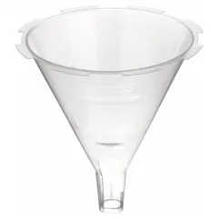 White ABS funnel with 4 fl oz capacity, 3 in diameter, and 4 in height. Sold in a 24-pack. No-spout design reduces drips during fluid transfer. Suitable for dispensing and transferring liquids in workshop or maintenance settings.