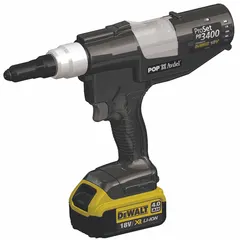 Cordless riveting tool with 4,047 lbf pulling force and 1 3/16 in stroke. Includes two Li-Ion batteries and a charger. Used for installing blind rivets in assembly, fabrication, and maintenance tasks.