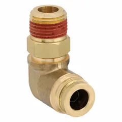 Brass push-to-connect elbow adapter with 1/2 in OD tube size and 1/2 in male NPT thread. Features Vibra-Seal thread sealant pre-applied for vibration-resistant sealing. Used in pneumatic systems for connecting tubing to threaded ports.