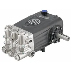 Belt-driven triplex plunger pump with solid shaft and horizontal flange. Die-cast aluminum crankcase, forged steel crankshaft, Buna-N seals, and oil bath lubrication. Nickel-plated brass head with BSP intake and discharge connections. Suitable for high-pressure cleaning systems requiring continuous flow up to 12 gpm.