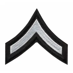 Rank insignia patch identifying Private First Class. Measures 3 inches, white embroidery on black background. Constructed of polyester and rayon. Sold as a pair (1 PR).