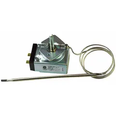 Electric thermostat for temperature regulation in HVACR systems. Suitable for use in ovens, furnaces, and process equipment requiring precise electric temperature switching. Direct replacement for compatible controls.