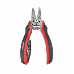 Manual voltage-sensing wire stripper for solid wire, with a standard stripping range of 18 AWG to 10 AWG. Features stainless steel construction, a 7-inch overall length, and a red cushion grip. Includes a screw shear function for electrical maintenance and installation tasks.