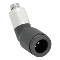 This nylon and nickel-plated brass elbow fitting features a Push-to-Connect x UNF connection in black. It accepts 5/32 in OD tubing with a #10-32 thread size. Suitable for pneumatic or fluid systems requiring a compact, corrosion-resistant elbow connection