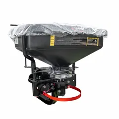Broadcast spreader with poly hopper and steel construction, powered by vehicle battery. Mounts to ATV/UTV hitch for distributing granular materials such as seed, fertilizer, or salt over large areas.