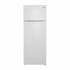 This top-freezer refrigerator offers 7.4 cu ft total capacity with automatic defrost and a swing door. It features four shelves for organized food storage and is Energy Star certified for energy efficiency. Suitable for residential kitchens, apartments, or offices.
