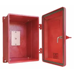 This red plastic surface-mount enclosure is rated NEMA 4X and corrosion resistant. It includes an RJ11 modular jack for use with wall telephones in outdoor or wet locations where a weatherproof telephone is needed.