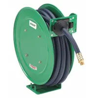 Spring Return Hose Reel: 35 ft (1/2 in I.D.), 3/8 in MNPT, 300 psi Max Op Pressure, Brass, Green