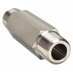 316 stainless steel hex nipple with 3/8 in x 3/8 in pipe size and 2 in length. Rated for maximum operating pressure of 7,200 psi. Used to connect two male pipes in high-pressure instrumentation systems, such as hydraulic, pneumatic, and process control applications.