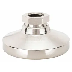 Swivel female leveling mount with a 2.5 in nickel-plated steel base and 5/8"-11 thread size. Features a 7/8 in hex size and 6,000 lb load capacity. Includes mounting holes. Used for stabilizing and leveling heavy machinery, conveyors, and industrial equipment on plant floors.