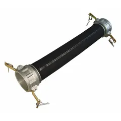 This 4-inch inside diameter rubber blend hose assembly is 20 ft long and rated for 75 psi. It features a black SBR cover and aluminum cam-and-groove C couplings on both ends (4 in x 4 in fitting size). Suitable for transferring bulk materials such as grains, powders, and aggregates in industrial, construction, and agricultural applications.