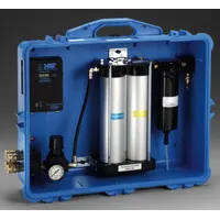 Battery-operated filtration panel for supplied-air respirators, supporting up to four users. Rated for 125 psi maximum pressure and 50 cfm air flow. Includes a gauge for monitoring line pressure. Suitable for use in environments requiring portable respiratory protection