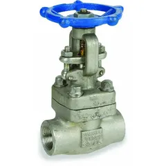 This SHARPE gate valve features a 316L stainless steel bonnet and 316 stainless steel wedge, with a rising stem design. It has a 1 1/4 in socket x FNPT connection and a 1,600 psi CWP rating, operated by a wheel handwheel. Suitable for on/off control in fluid-handling systems requiring corrosion resistance.
