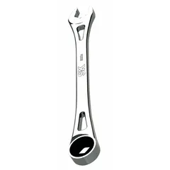 Alloy steel wrench with chrome finish. 13 mm 6-point ratcheting box end for fast fastener turnover in confined spaces; open end for conventional use. Overall length 7-7/8 inches. Suitable for tightening and loosening metric fasteners in mechanical assembly and maintenance tasks.