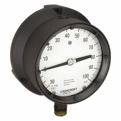 ASHCROFT Process Compound Gauge: 0 psi to 100 psi, White, 4 1/2 in Dial, 1/2 in NPT Male - Vibration-Resistant Brass/Bronze Wetted Parts & Plastic Casing