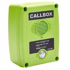 The RITRON RQX-411 is a UHF License Required two-way radio call box in green, featuring one radio channel. It includes a concealed vandal-proof antenna for outdoor communication. This call box is suitable for fixed communication points in industrial, security, or public-safety applications.