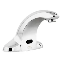 Centerset sensor faucet with brass construction and chrome finish. Single-post design with battery or plug-in power. Includes two temperature mixing valves for hot/cold water blending. Suitable for commercial and residential bathroom sinks.