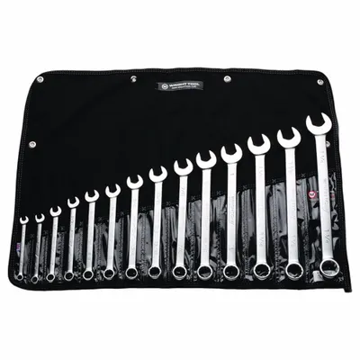 WRIGHT Wrench Set: Steel, Satin, 14 Tools, 14 Range of Head Sizes, 15° Head Offset Angle - SAE 12-Point Combination Wrench Sets