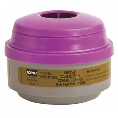 Threaded combination cartridge/filter in magenta/olive color, supplied as a 1-pair pack. Designed for use with reusable respirators in environments where airborne contaminants are present. Provides protection against sulfur dioxide.